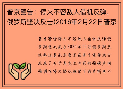 普京警告：停火不容敌人借机反弹，俄罗斯坚决反击(2016年2月22日普京就俄美达成叙利亚停火协议发表讲话)