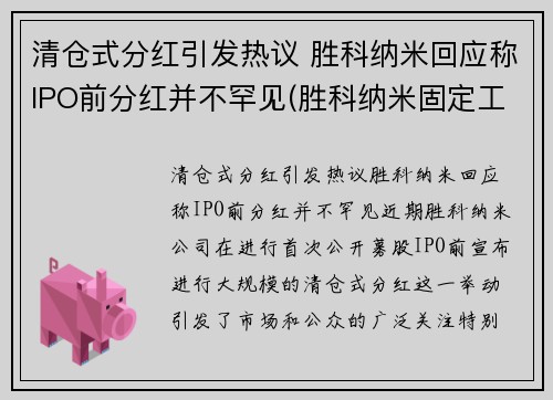 清仓式分红引发热议 胜科纳米回应称IPO前分红并不罕见(胜科纳米固定工资)