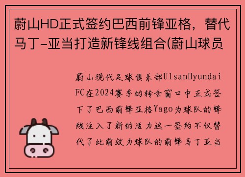 蔚山HD正式签约巴西前锋亚格，替代马丁-亚当打造新锋线组合(蔚山球员)